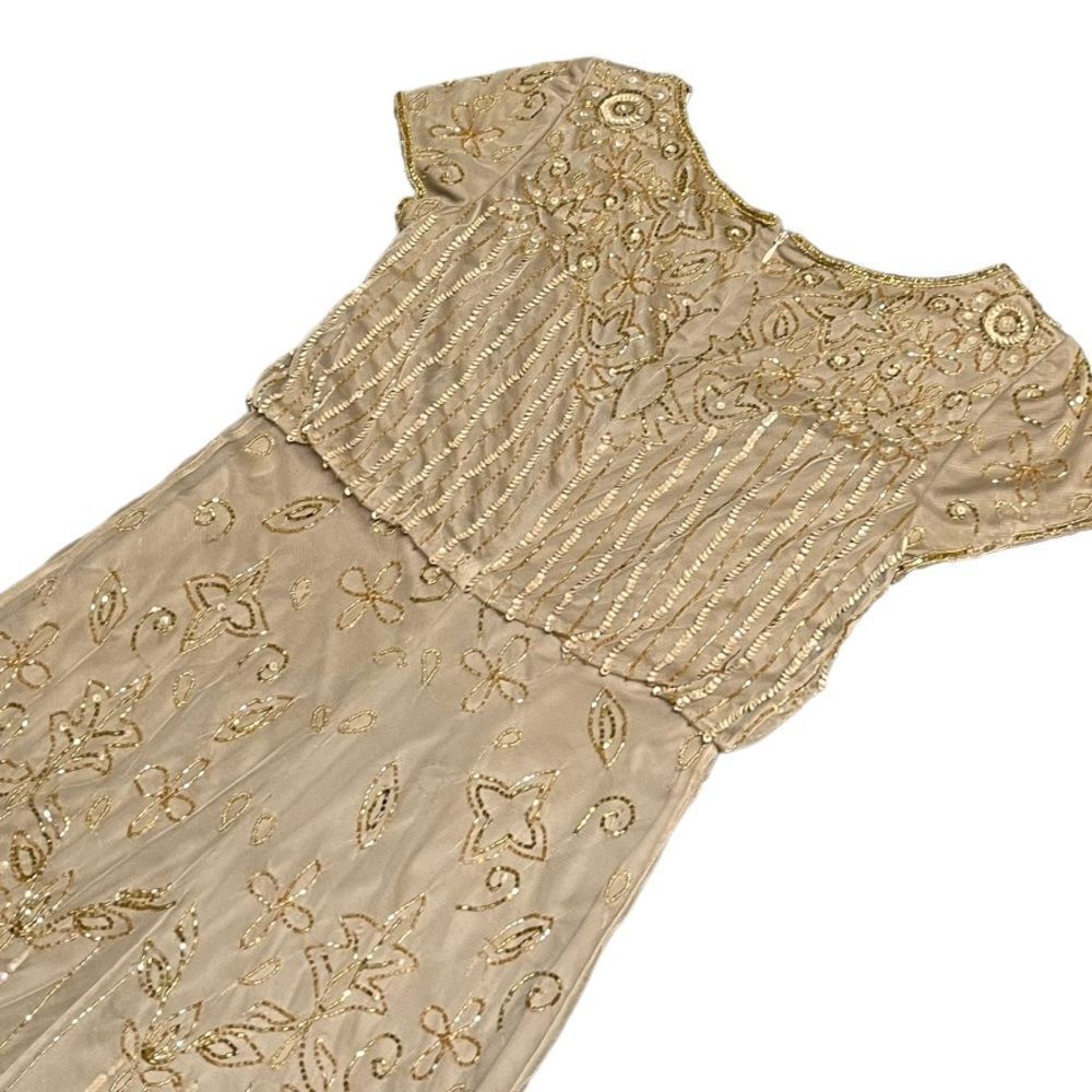 Adrianna Papell Boat Neck embellished mesh blouson tan evening formal dress sz 6 - Picture 8 of 10